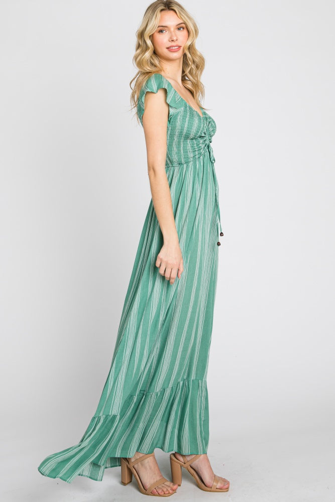 Green Striped Off Shoulder Front Tie Maxi Dress