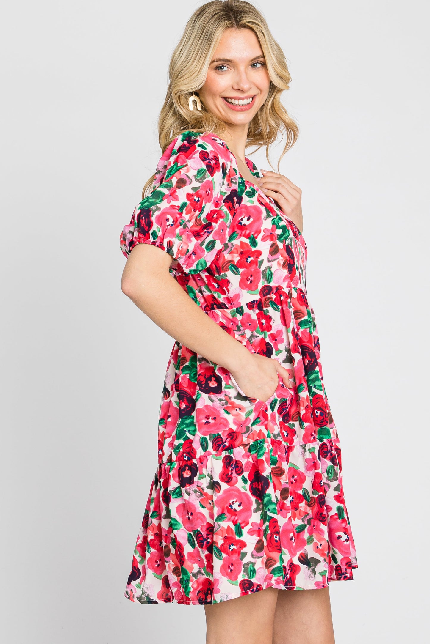 Pink Floral Sweetheart Neck Short Puff Sleeve Dress