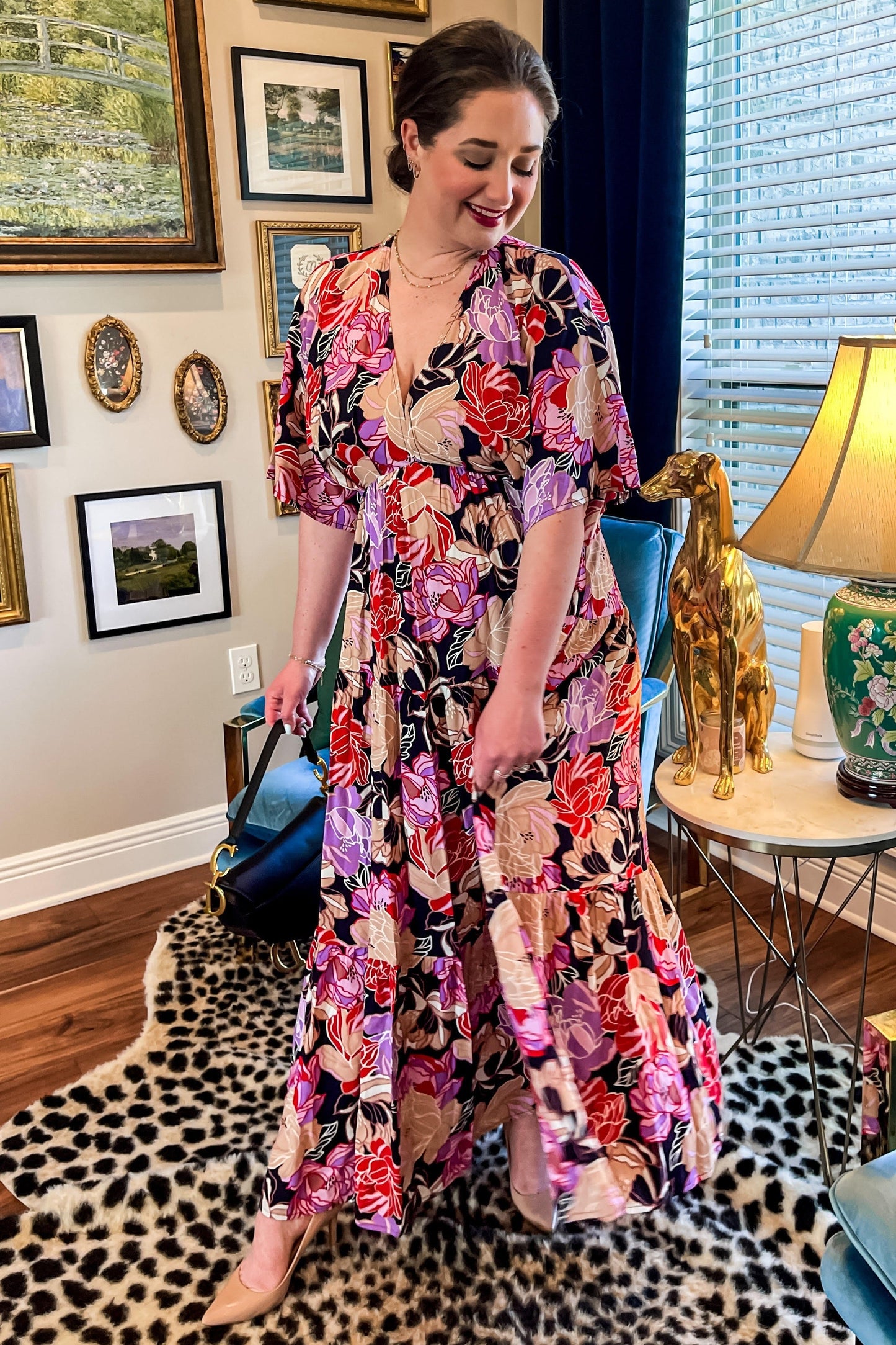 Navy Blue Floral Deep V-Neck Tiered Maxi Dress