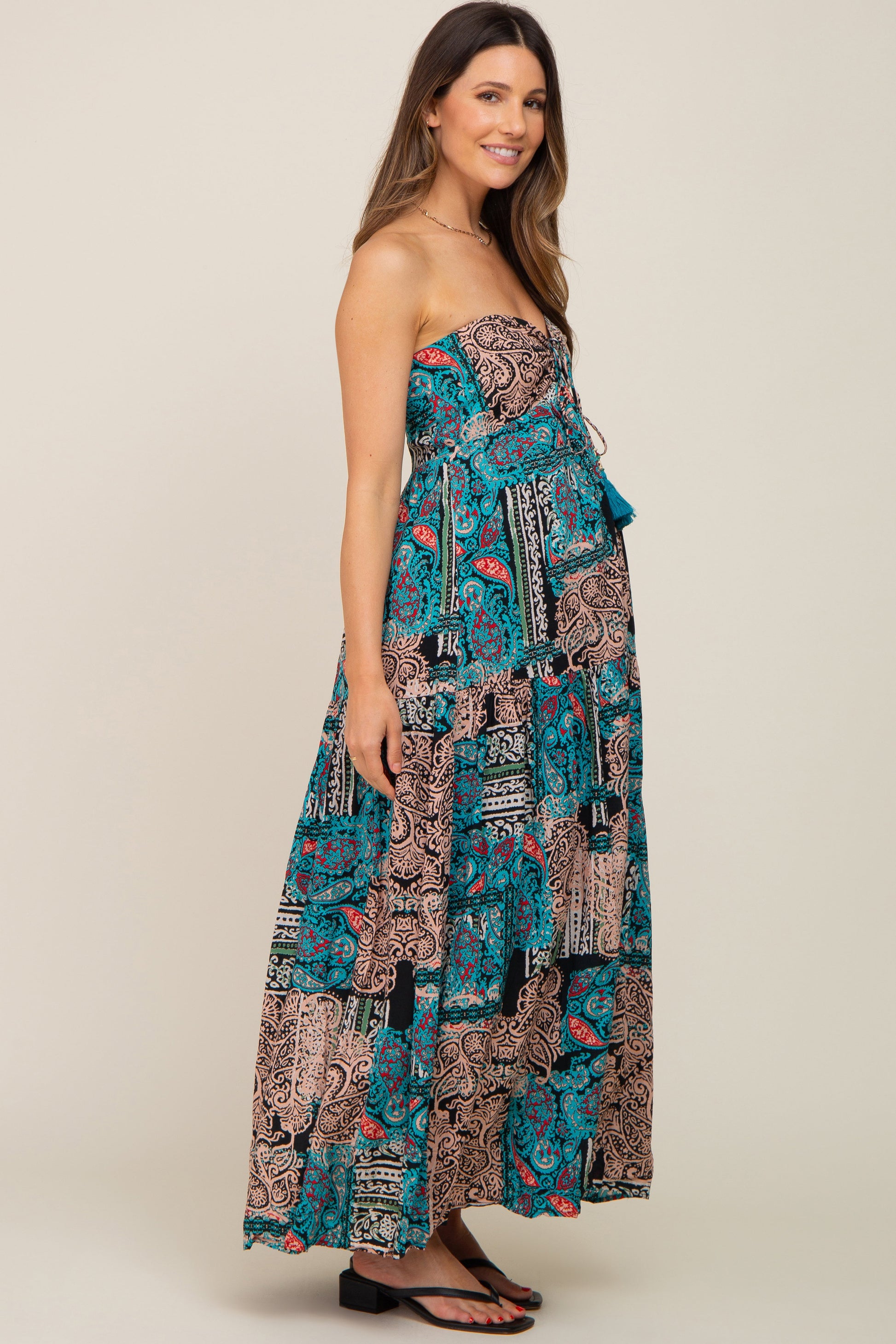 Teal Printed Halter Tassel Front Tie Maternity Maxi Dress Small Teal Printed Halter Tassel Front Tie Maternity Maxi Dress Small
