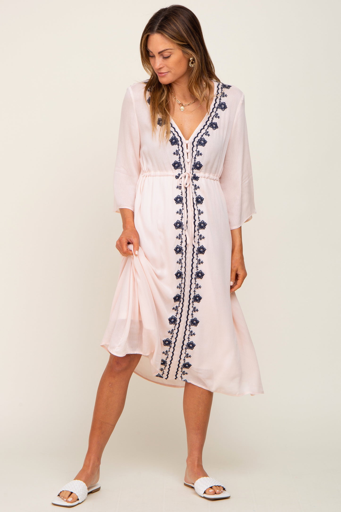 Light Pink Floral Embroidered 3/4 Sleeve Maternity Midi Dress