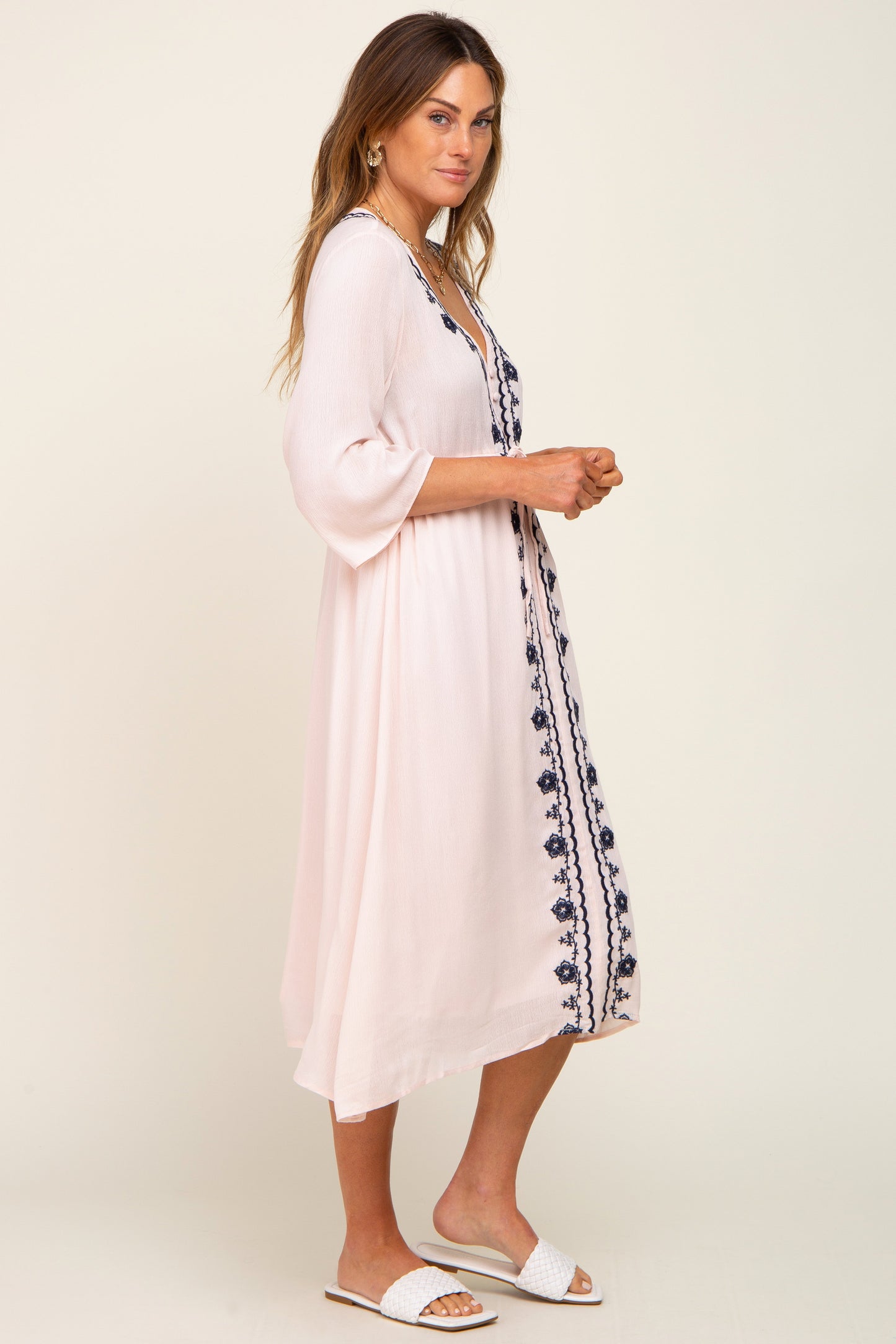 Light Pink Floral Embroidered 3/4 Sleeve Midi Dress
