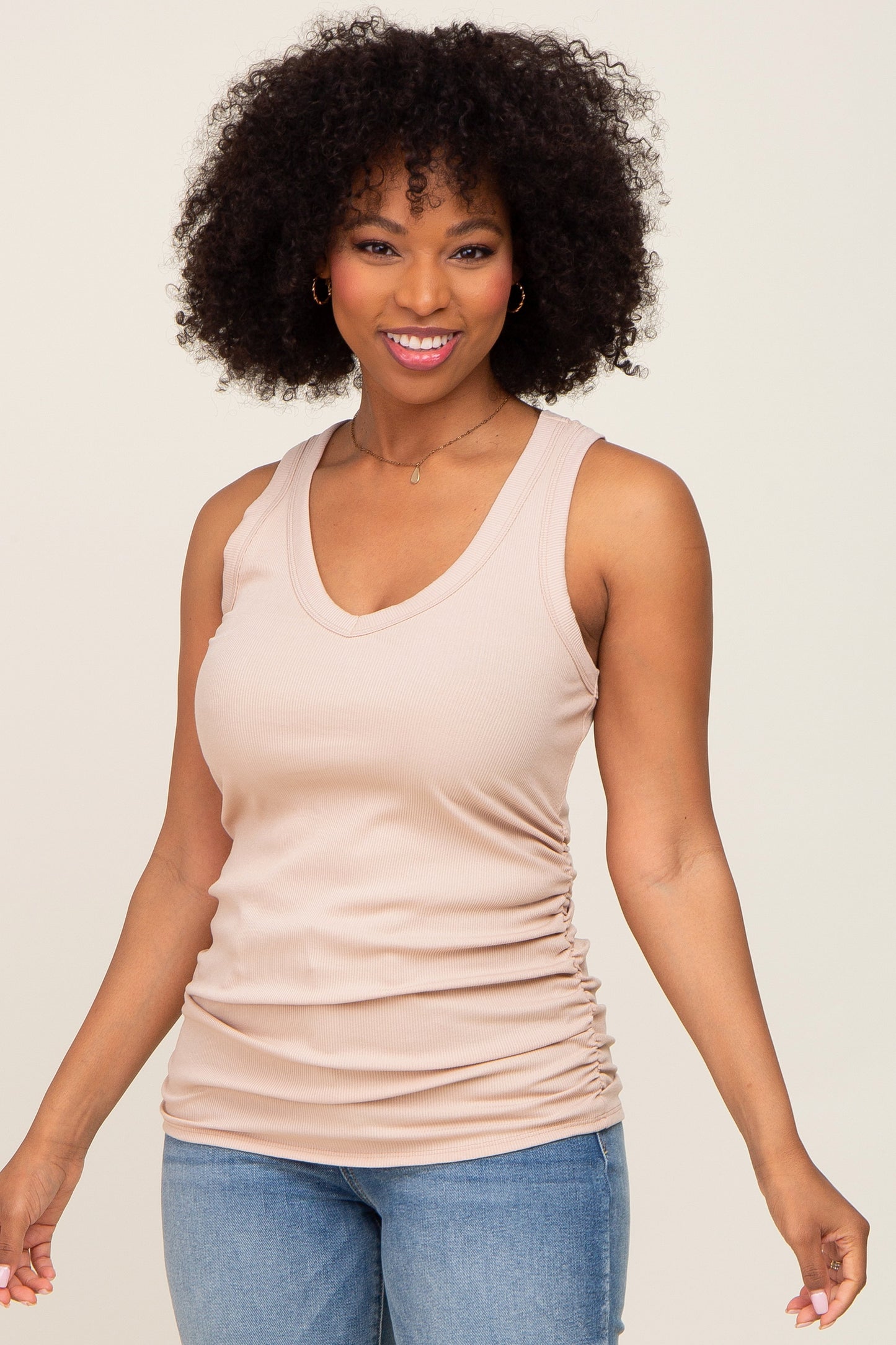 Taupe Ribbed Sleeveless Ruched Maternity Tank Top