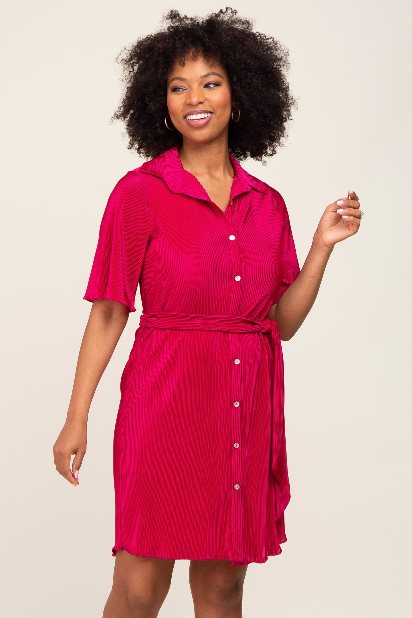 Magenta Pleated Button Front Tied Waist Maternity Dress