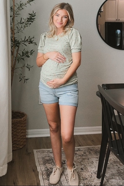 Light Olive Floral Side Ruched Maternity Short Sleeve Top