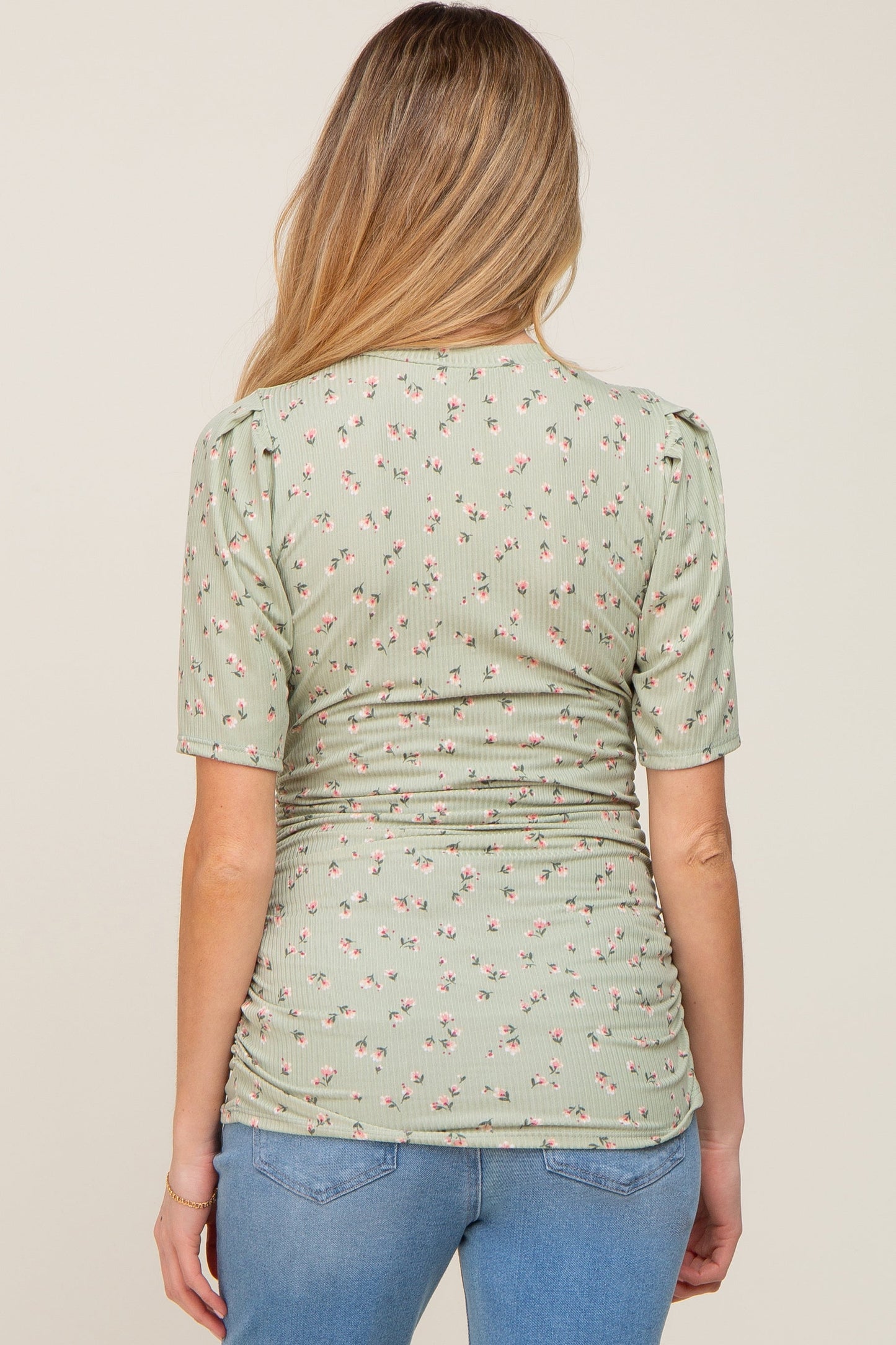 Light Olive Floral Side Ruched Maternity Short Sleeve Top