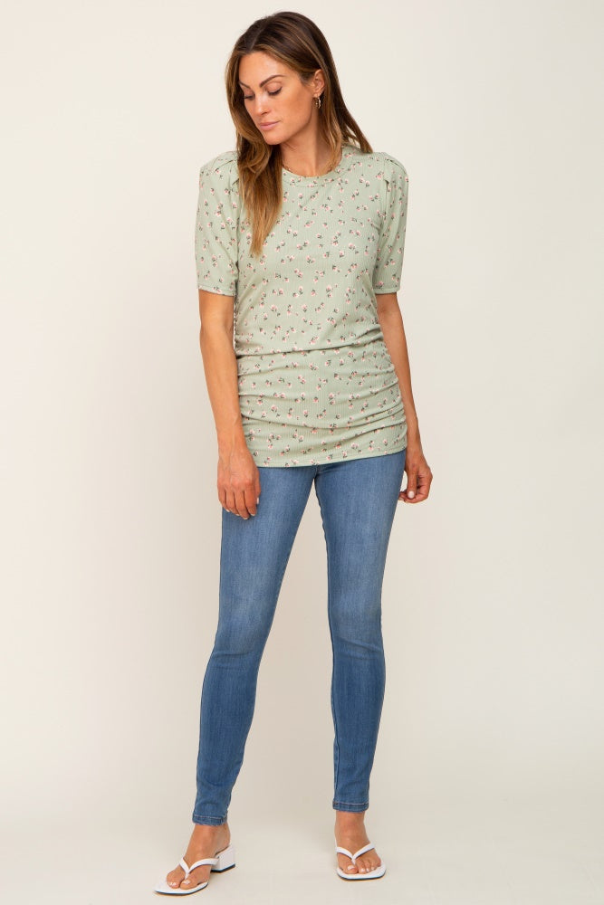 Light Olive Floral Side Ruched Short Sleeve Top