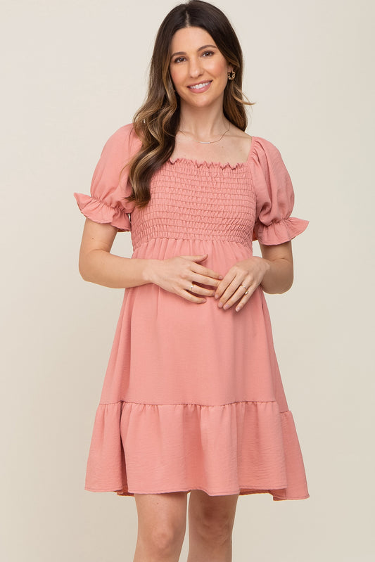 Coral Smocked Ruffle Trim Maternity Dress