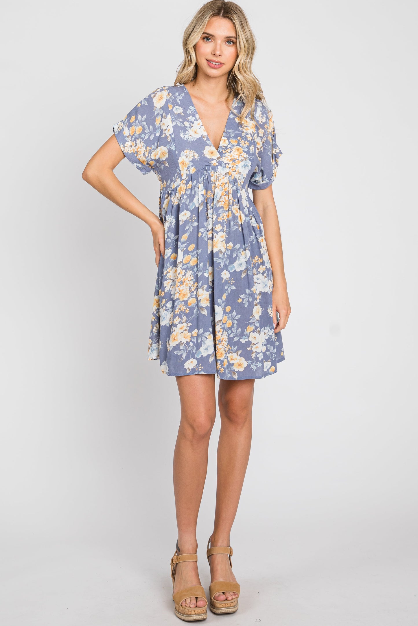 Blue Floral V-Neck Short Sleeve Dress