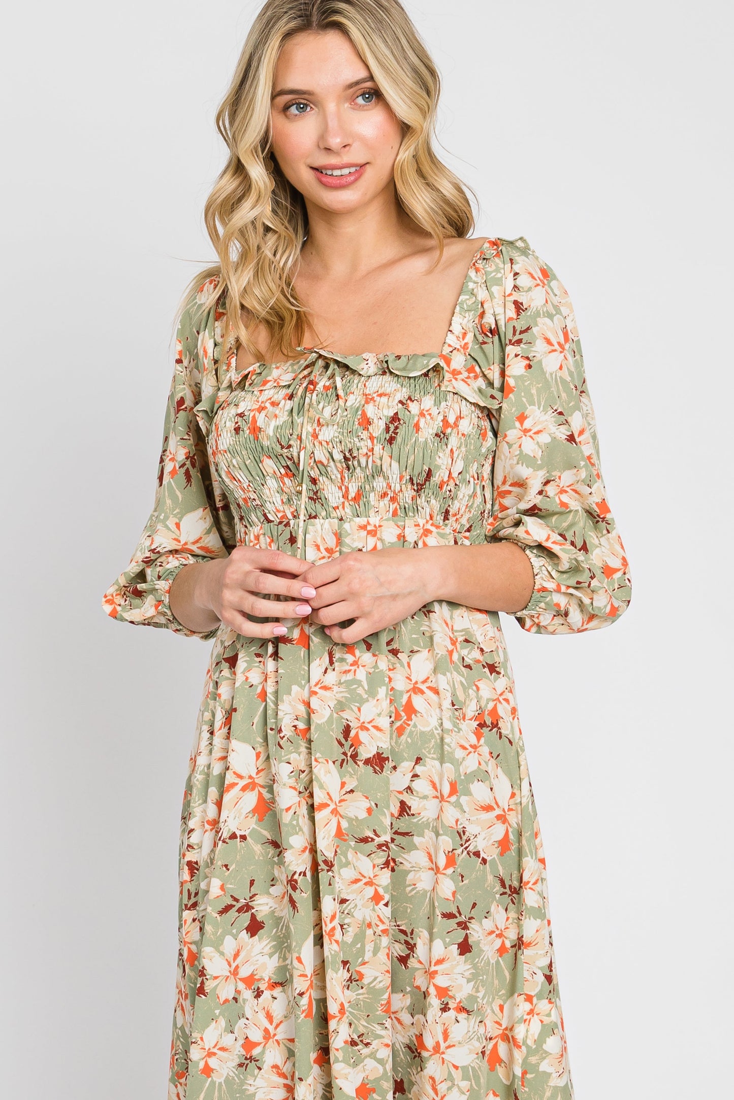 Light Olive Floral Ruffle Square Neck Smocked Front Tie Midi Dress