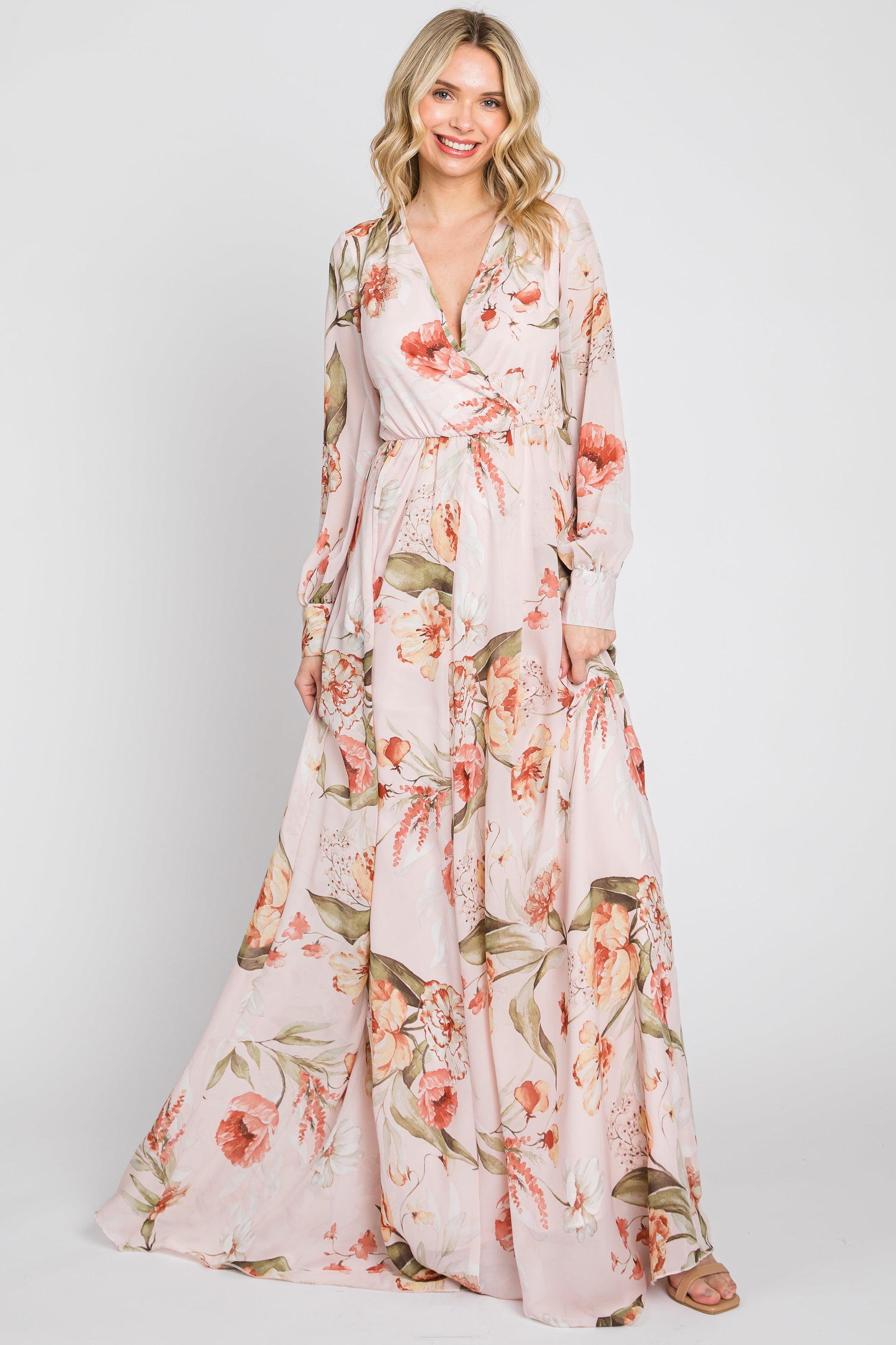 Light Pink Floral Chiffon Long Sleeve Maxi Dress The Prissy Pelican Light Pink Floral Chiffon Long Sleeve Maxi Dress The Prissy Pelican