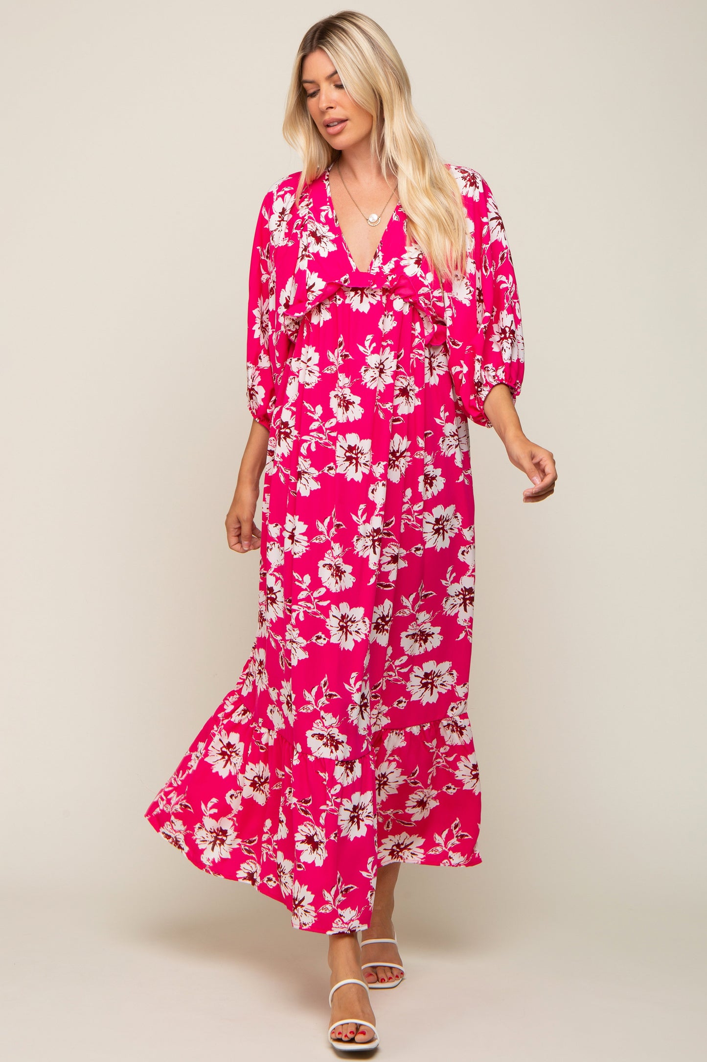 Fuchsia Floral V-Neck Dolman 3/4 Sleeve Maternity Midi Dress