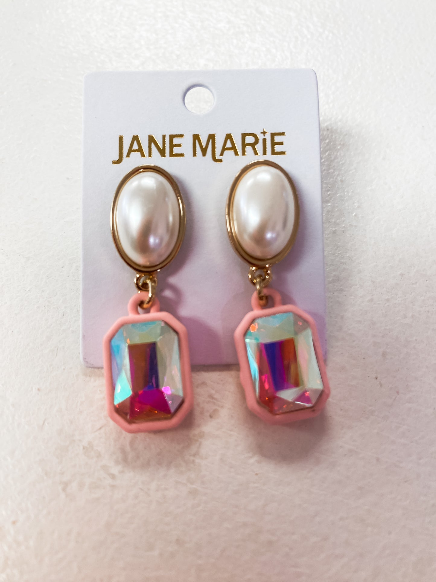 Pink Crystal Drop Earrings – AB Iridescent Gem in Pink Rectangle