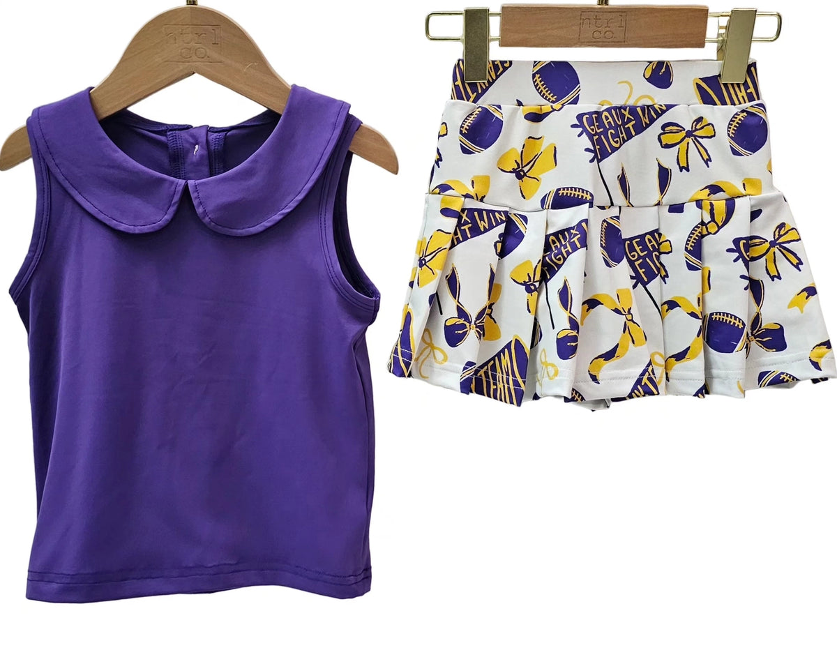Girls Purple & Gold Gameday Cheer Set – Geaux Fight Win Top & Skort