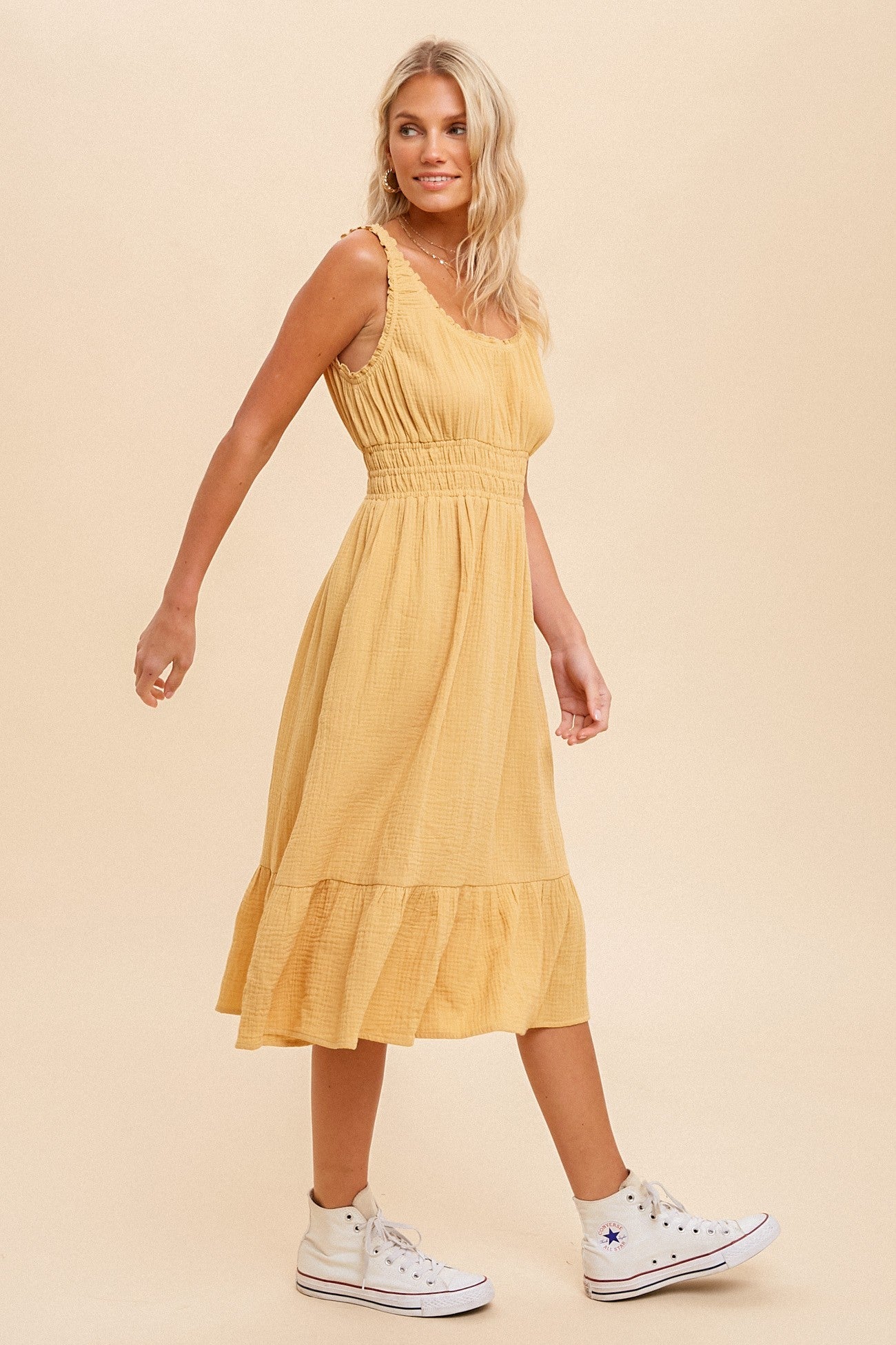 Yellow Gauze Smocked Waist Lettuce Trim Midi Dress