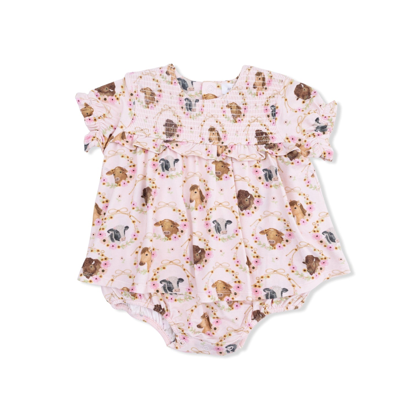 Farm Animals Floral Cameos Pink - Smocked Ruffle Bubble with Skirt