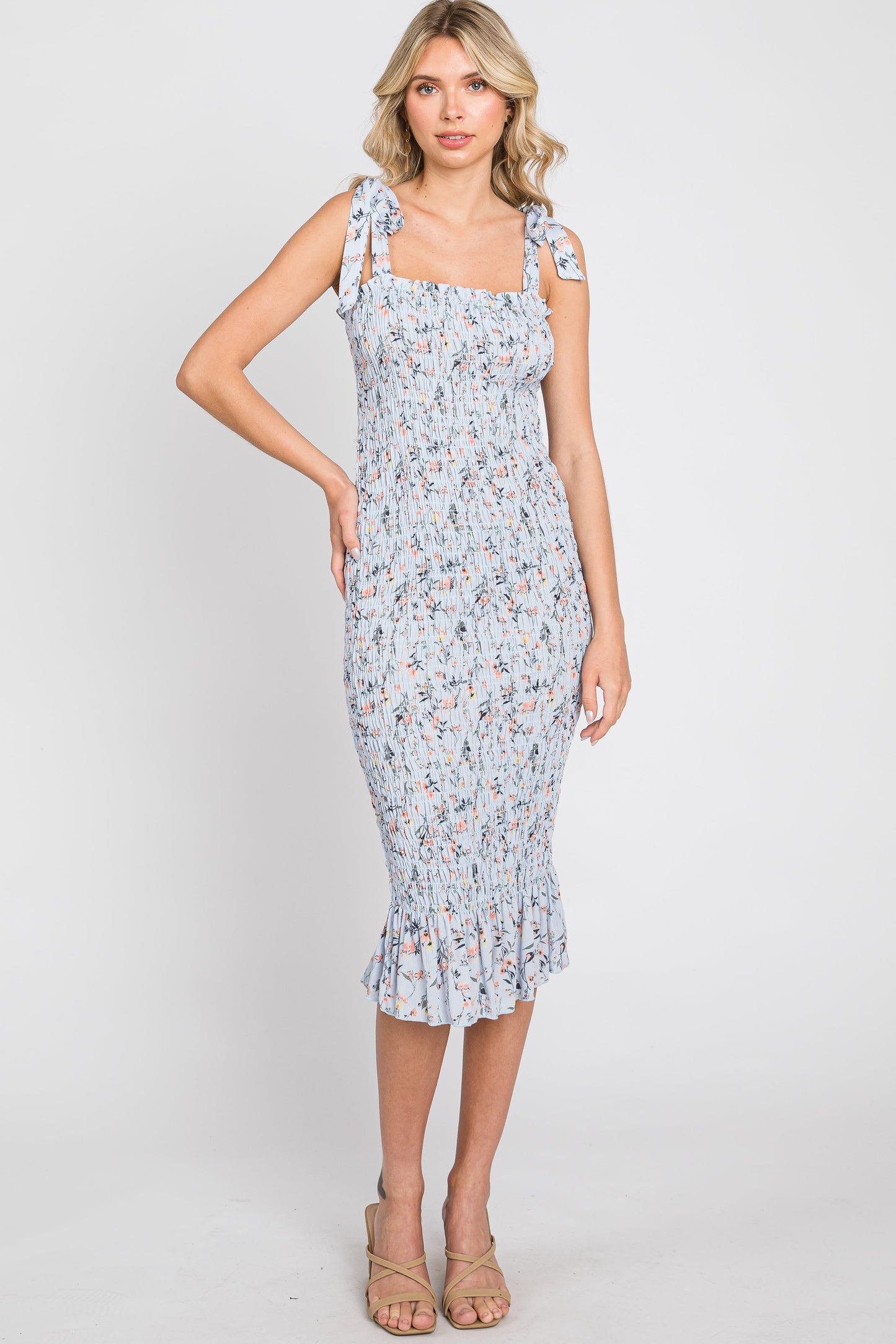 Light Blue Floral Smocked Fitted Maternity Dress