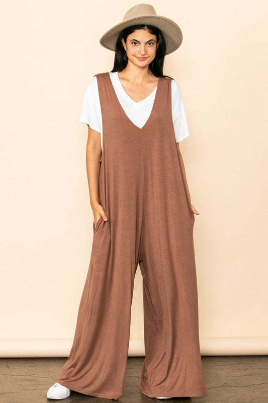 Mocha Deep V Sleeveless Wide Leg Jumpsuit