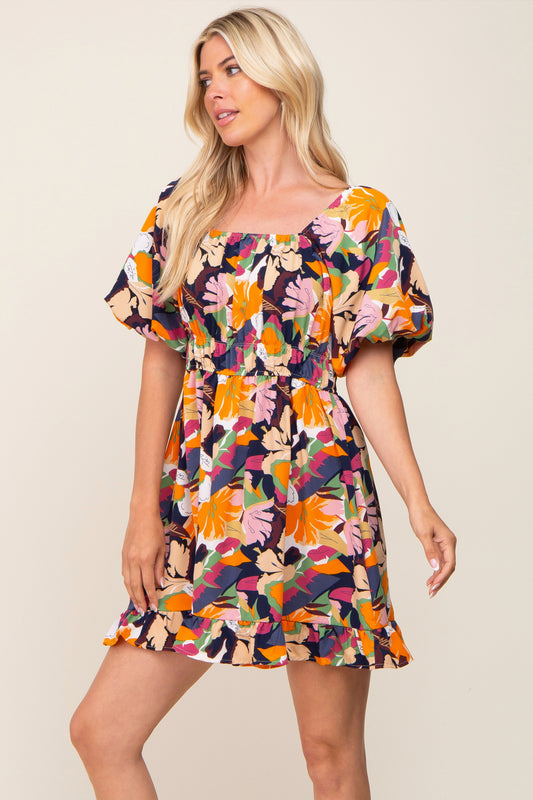 Multicolor Floral Pint Puff Sleeve Dress
