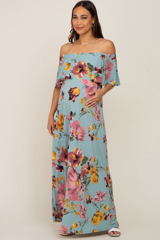 Mint Green Floral Off Shoulder Maternity Maxi Dress