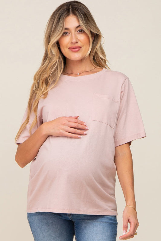 Light Pink Oversized Pocket Front Short Sleeve Maternity Top