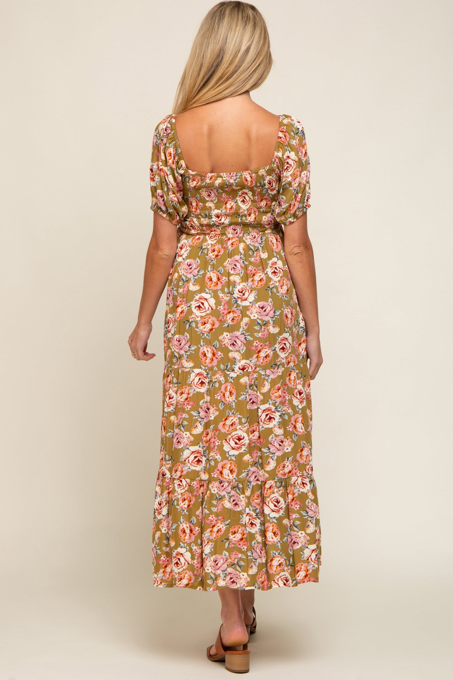 Olive Floral Smocked Square Neck Tiered Maternity Maxi Dress