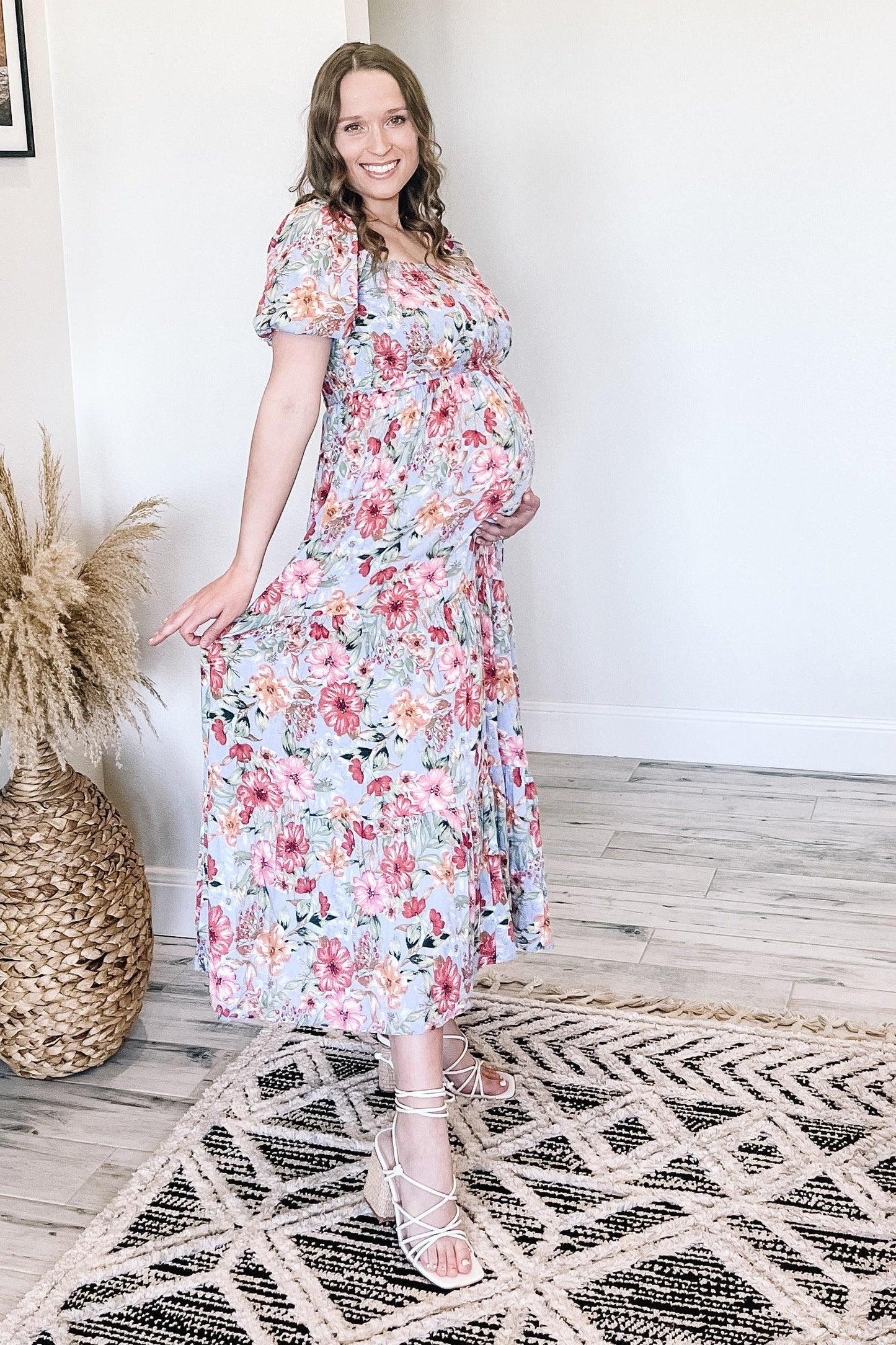 Blue Floral Smocked Square Neck Tiered Maternity Maxi Dress