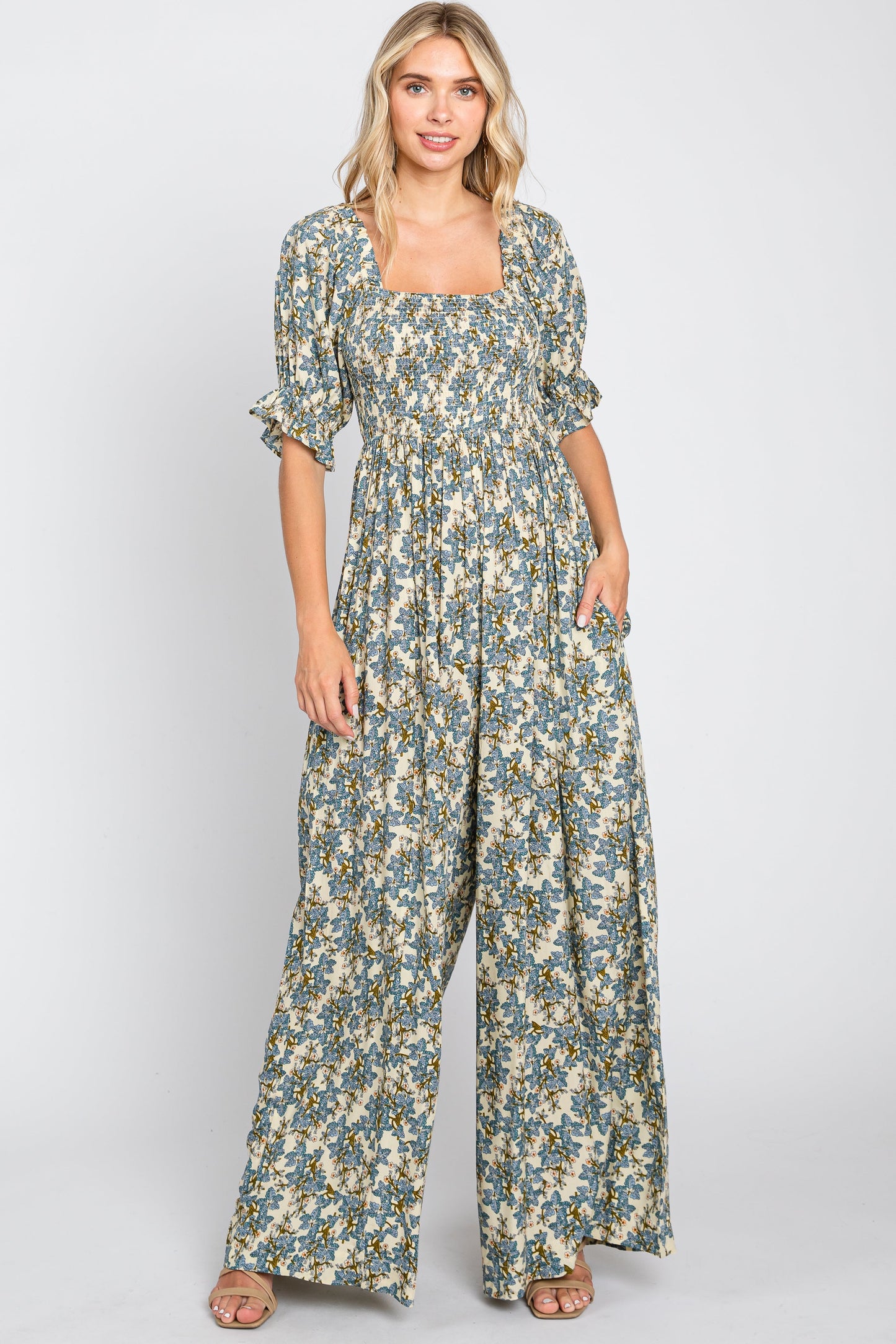 Cream Floral Smocked Jumpsuit