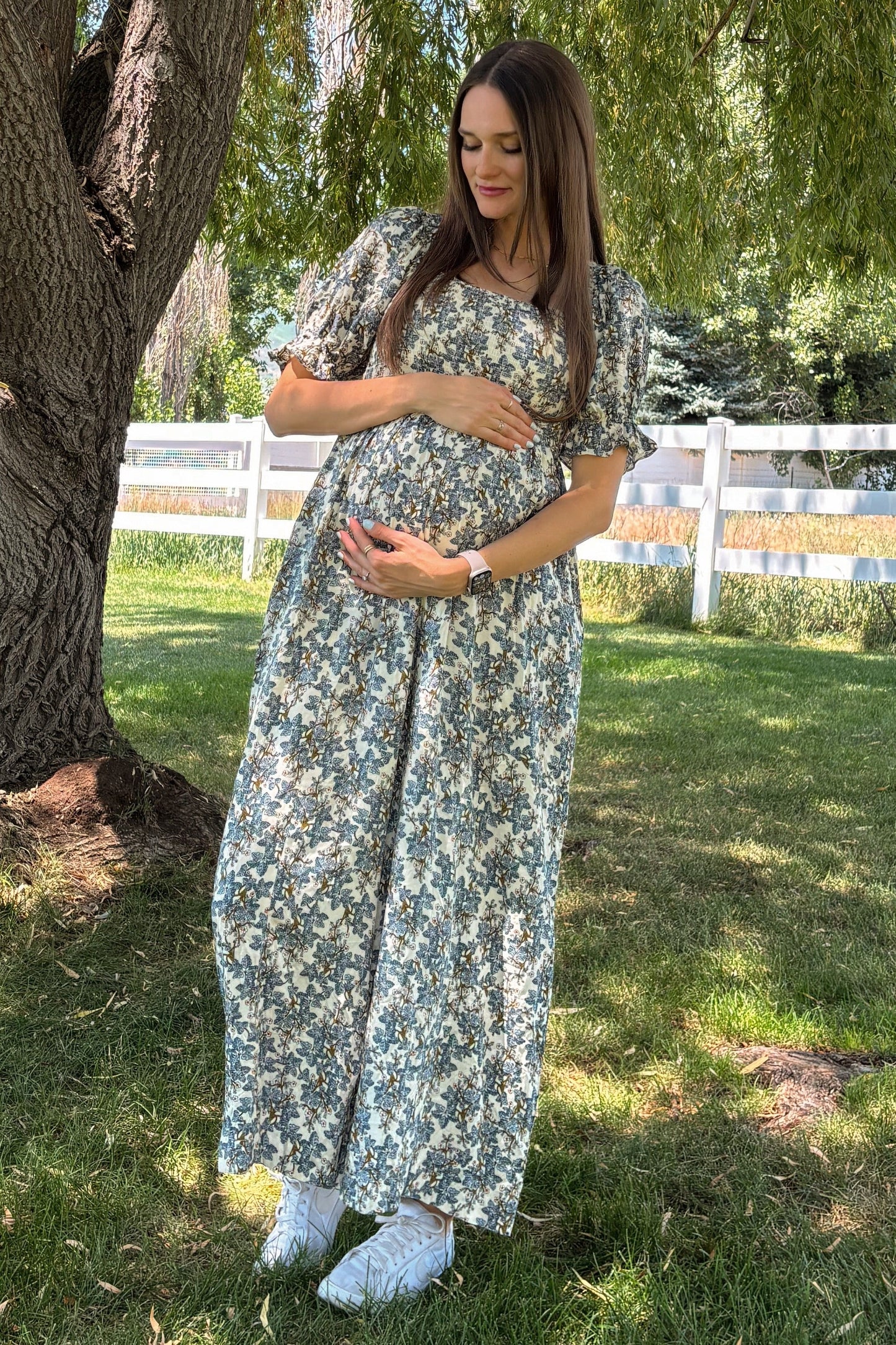 Cream Floral Smocked Maternity Jumpsuit