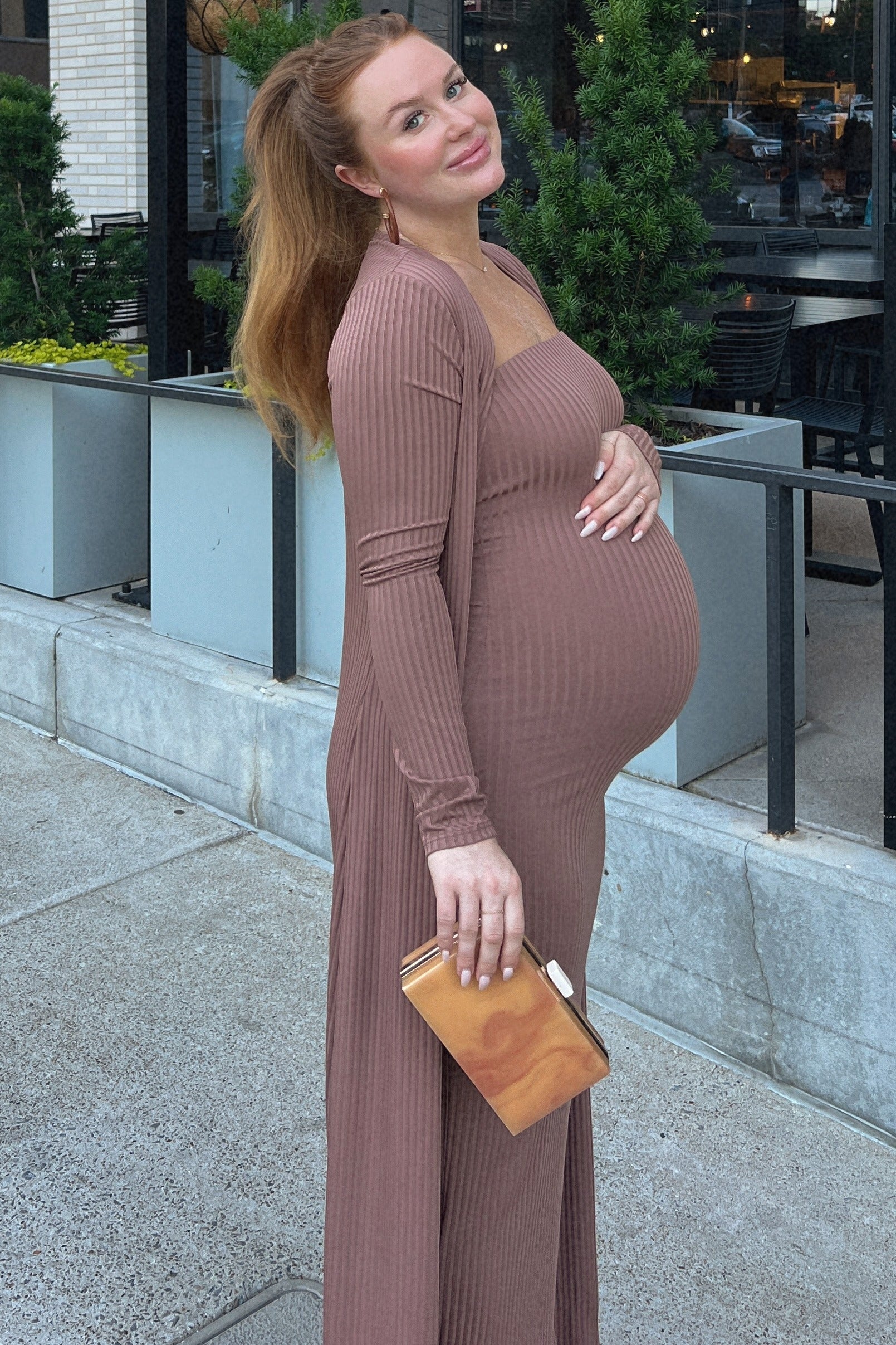 Pinkblush Mocha Ribbed Sleeveless Dress Cardigan Maternity Set Large Pinkblush Mocha Ribbed Sleeveless Dress Cardigan Maternity Set Large