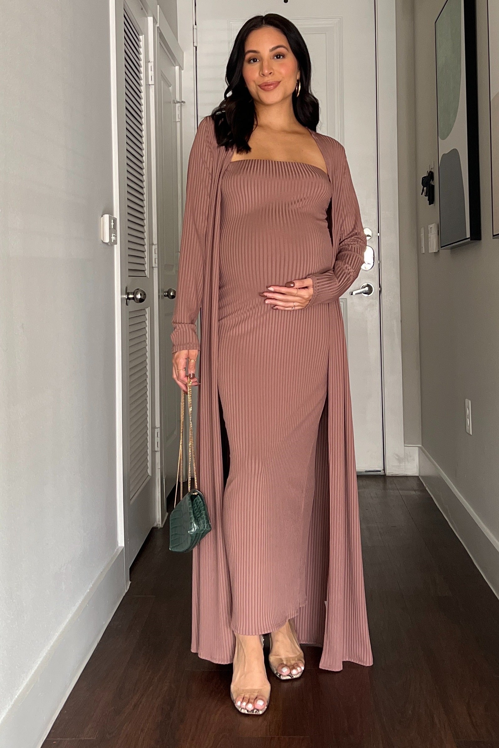 pink maternity dress with cardigan Pink Ribbed Sleeveless Dress Cardigan Maternity Set PinkBlush