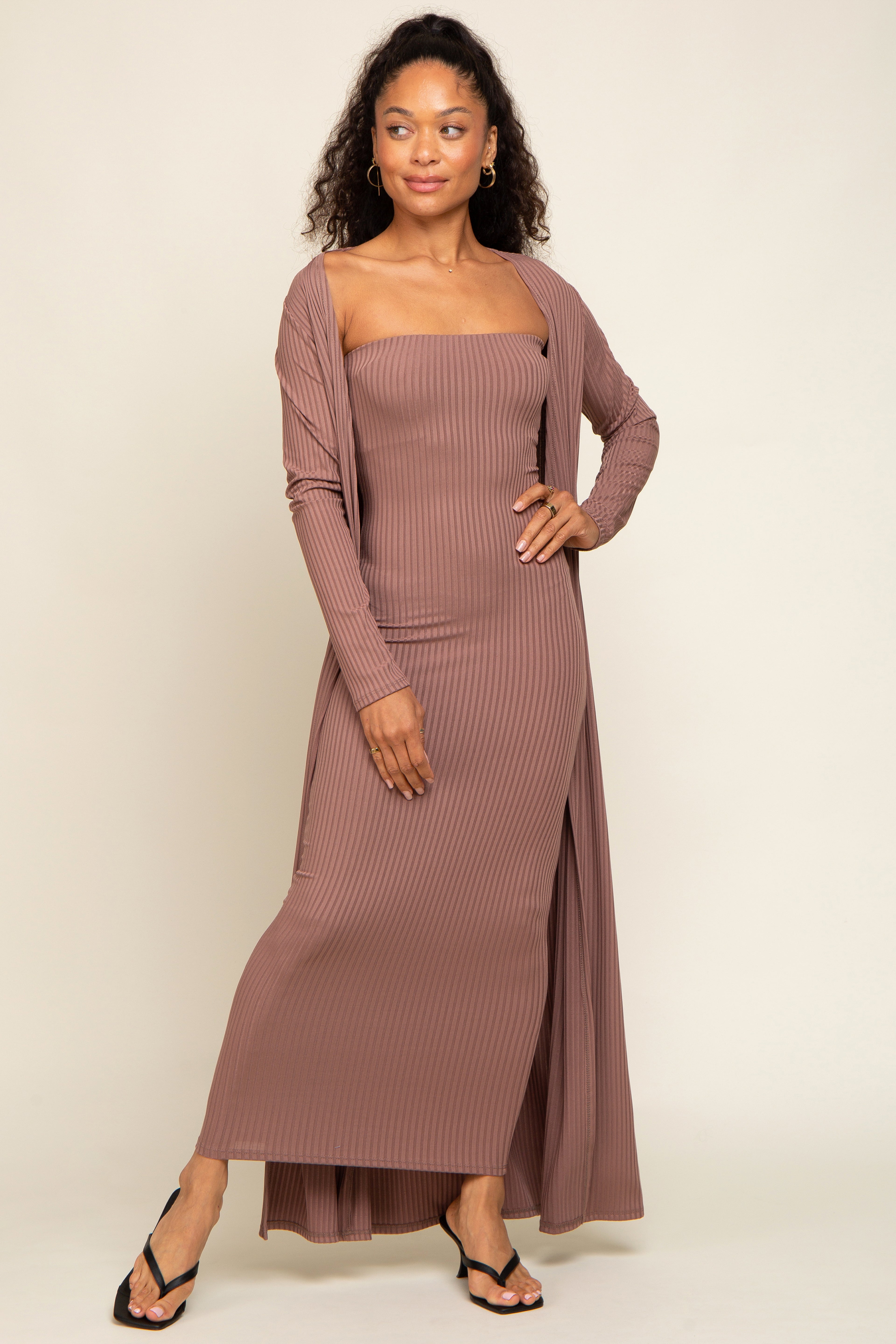 Mocha Ribbed Sleeveless Dress Cardigan Maternity Set – The Prissy