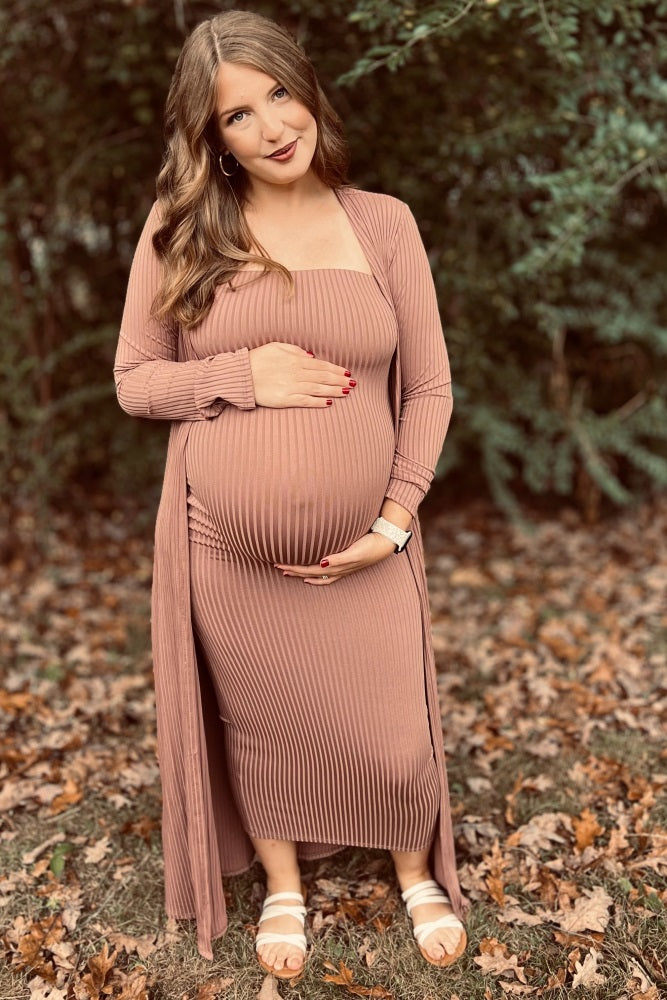 Mocha Ribbed Sleeveless Dress Cardigan Maternity Set – The Prissy
