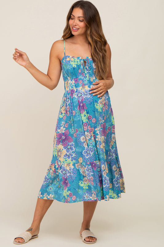 Teal Floral Shirred Maternity Midi Dress