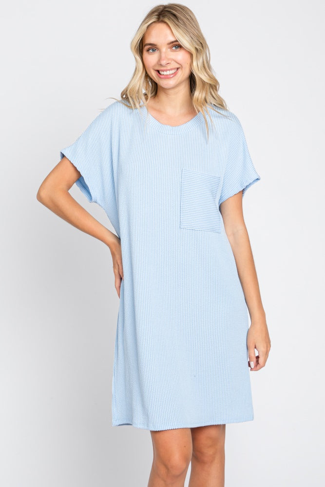Light Blue Ribbed Front Pocket Dolman Short Sleeve Maternity Dress