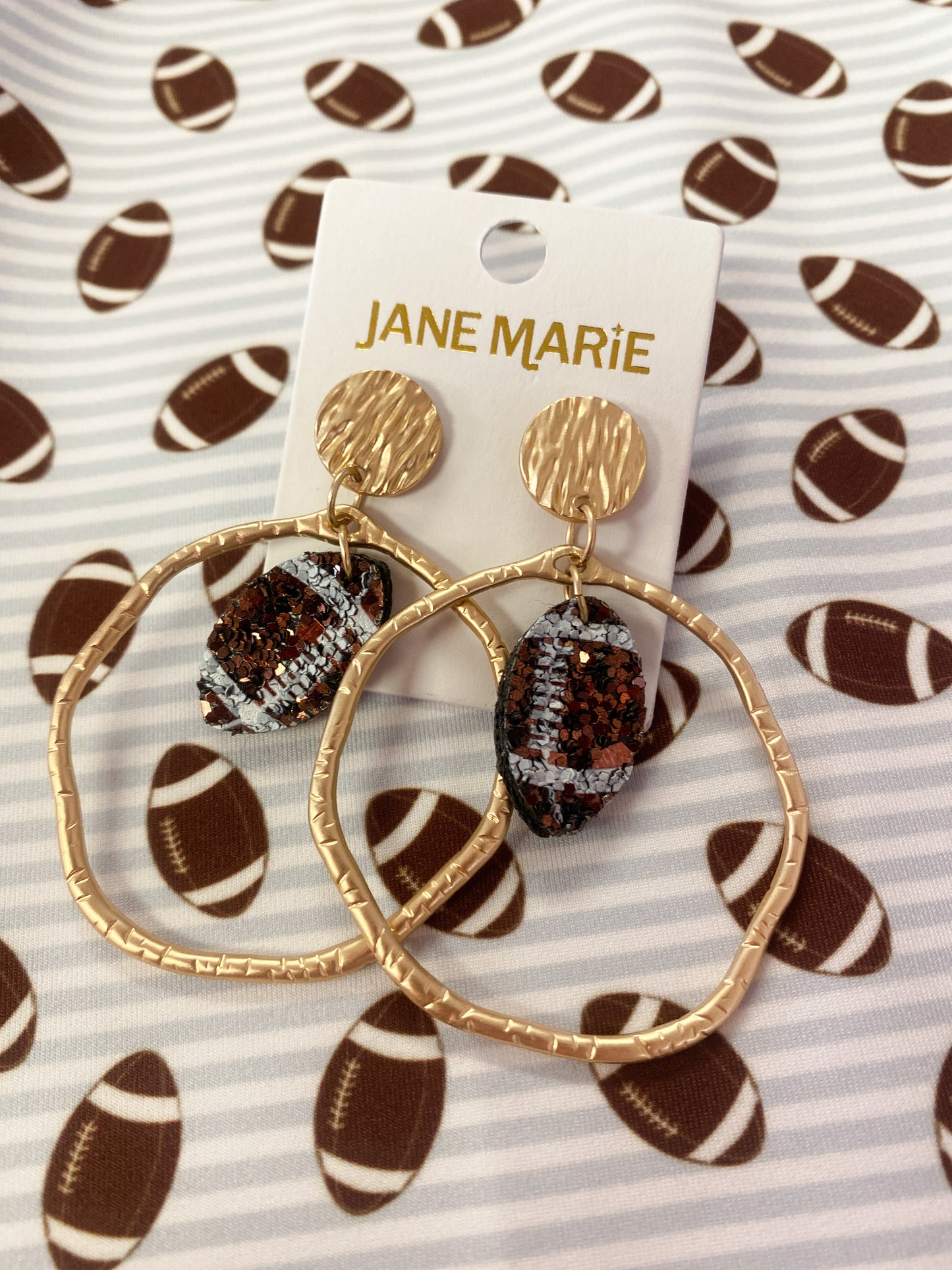 Gold Hammered Hoop Earrings with Sequin Football Drop
