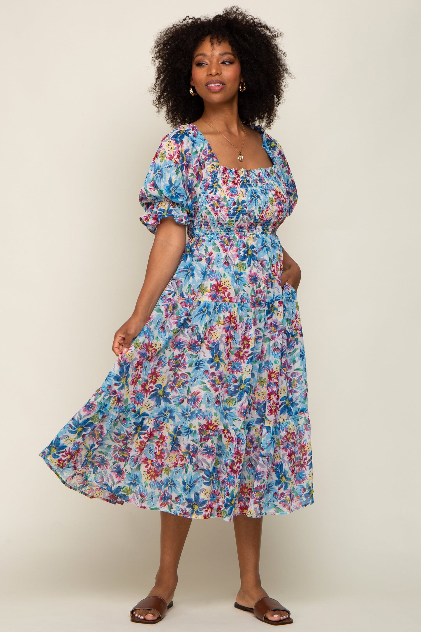 Blue Floral Shimmer Chiffon Ruffle Square Neck Smocked Midi Dress