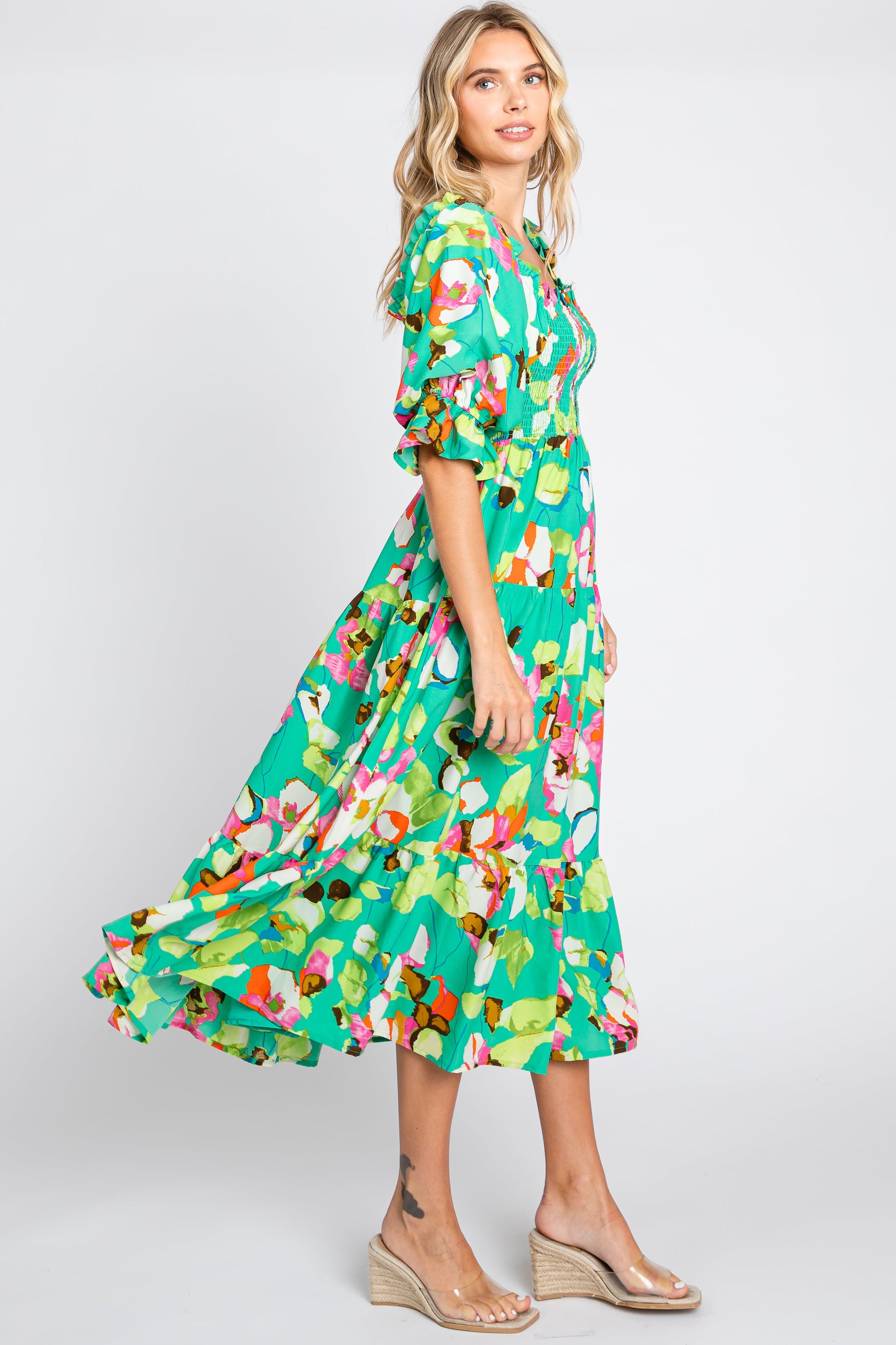 Green Floral Puff Sleeve Midi Dress The Prissy Pelican Green Floral Puff Sleeve Midi Dress The Prissy Pelican