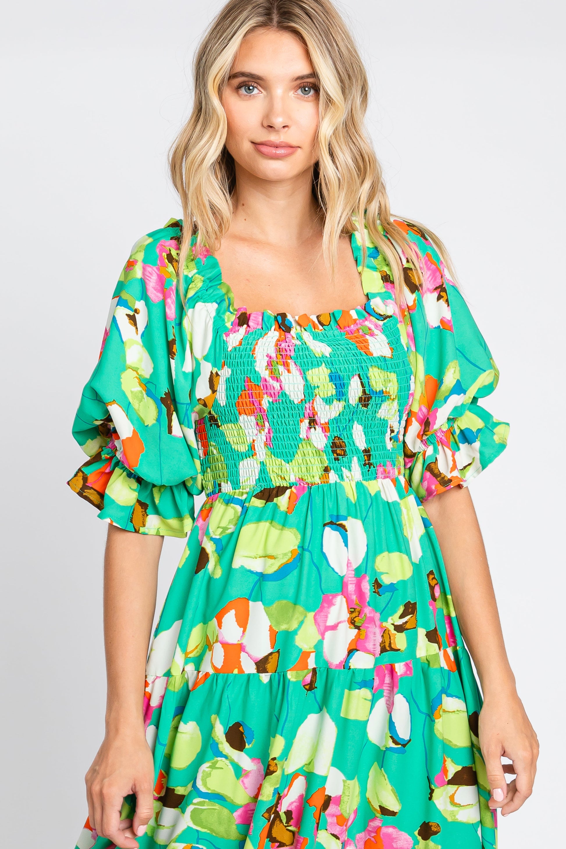 Green Floral Puff Sleeve Midi Dress The Prissy Pelican Green Floral Puff Sleeve Midi Dress The Prissy Pelican