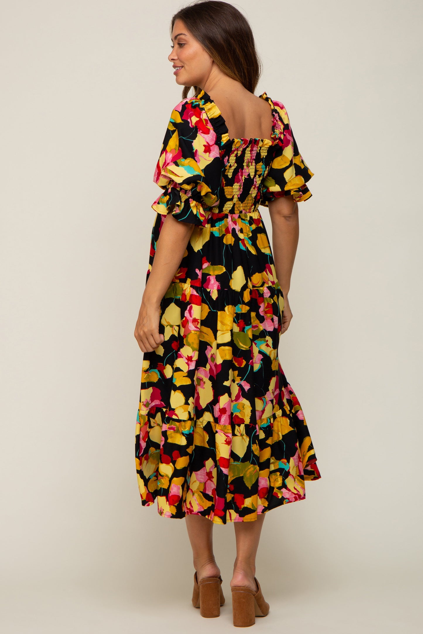Black Floral Puff Sleeve Maternity Midi Dress