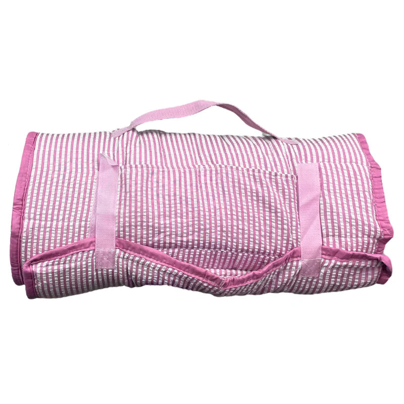 Jane Marie Pink Seersucker Kids Roll-Up Nap Mat with Blanket & Pillow | Toddler Daycare & Preschool Sleeping Mat | Kindergarten Nap Mat | Bossier City, LA