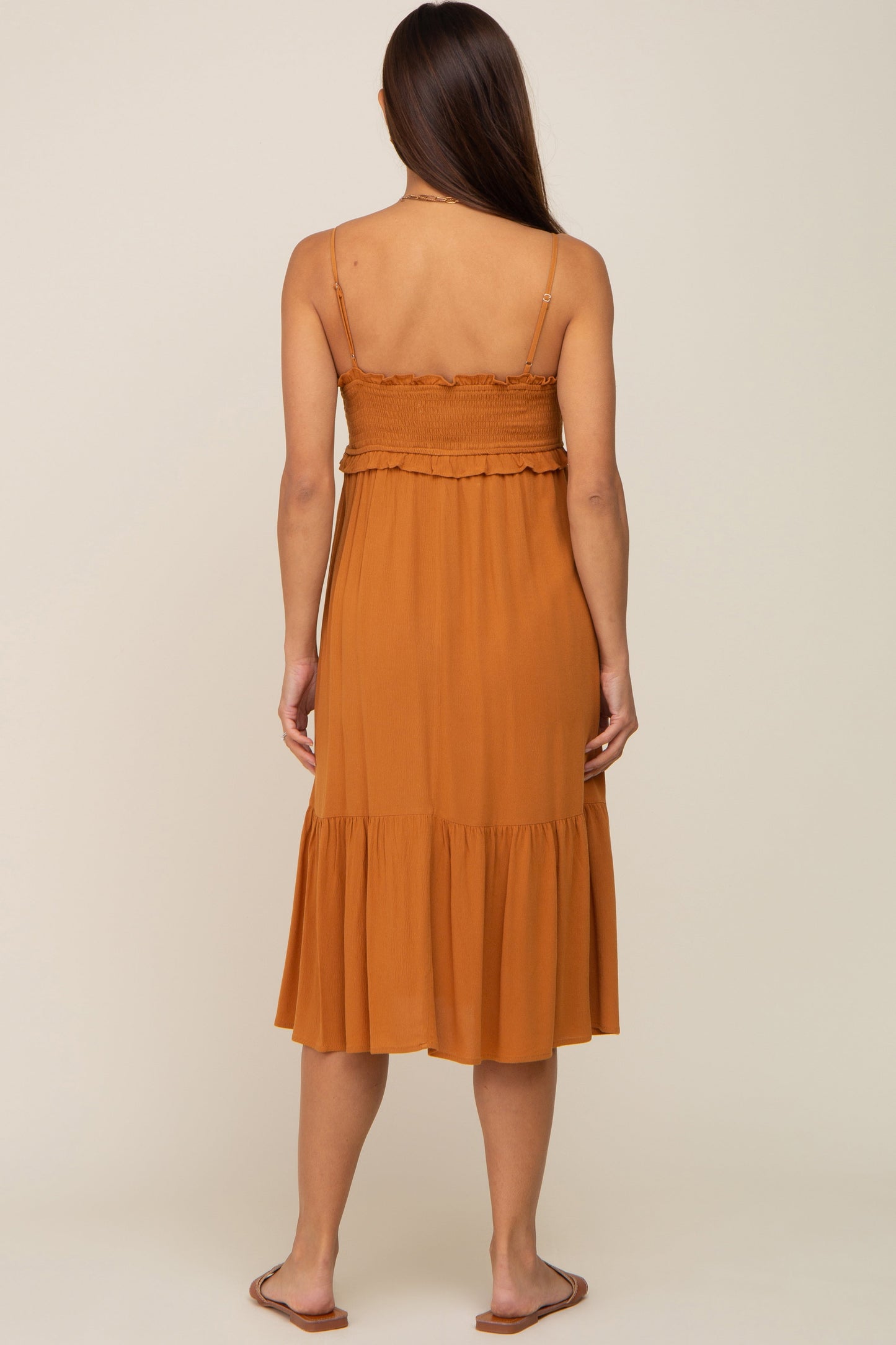Camel Smocked Ruffle Accent Maternity Midi Dress