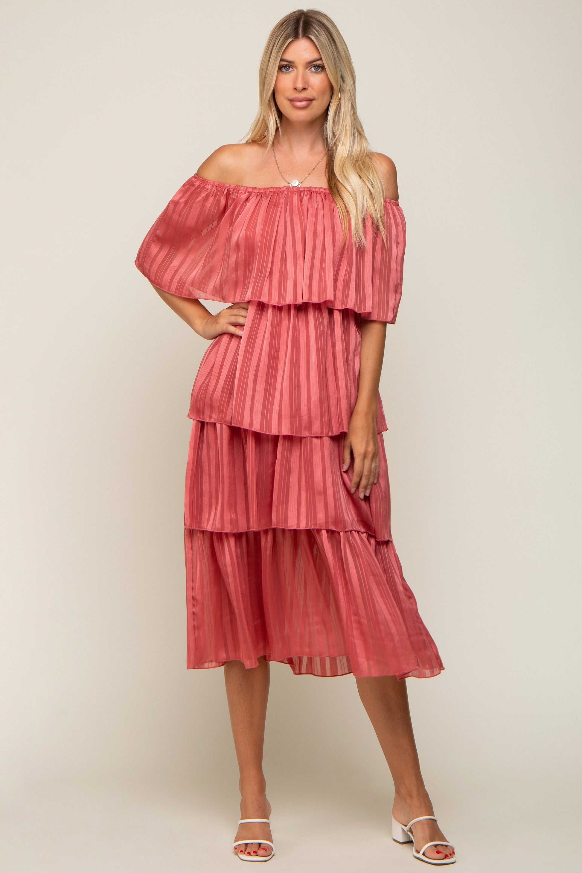 Dark Mauve Striped Layered Maternity Midi Dress Dark Mauve Striped Layered Maternity Midi Dress