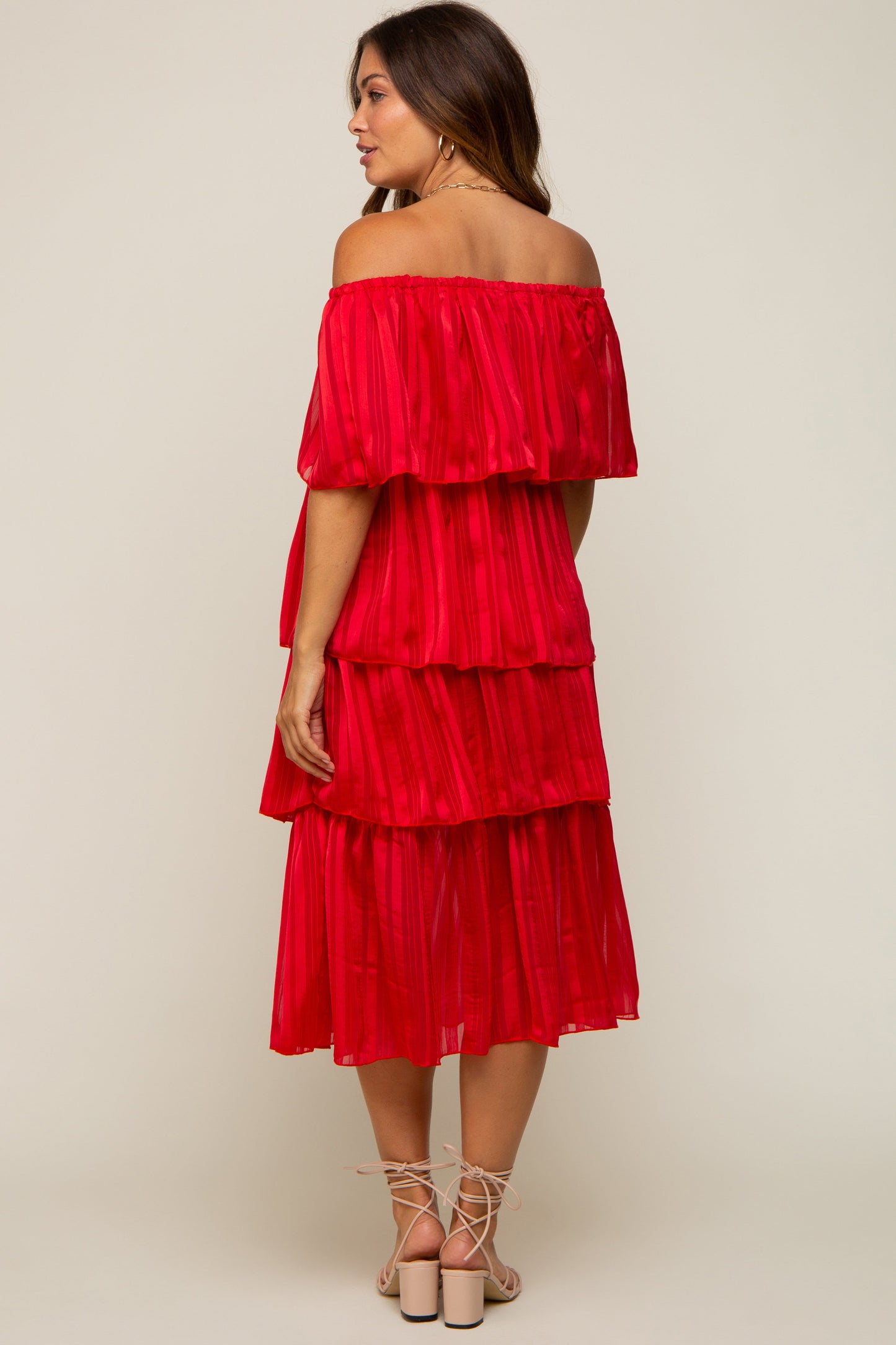 Red Striped Layered Maternity Midi Dress