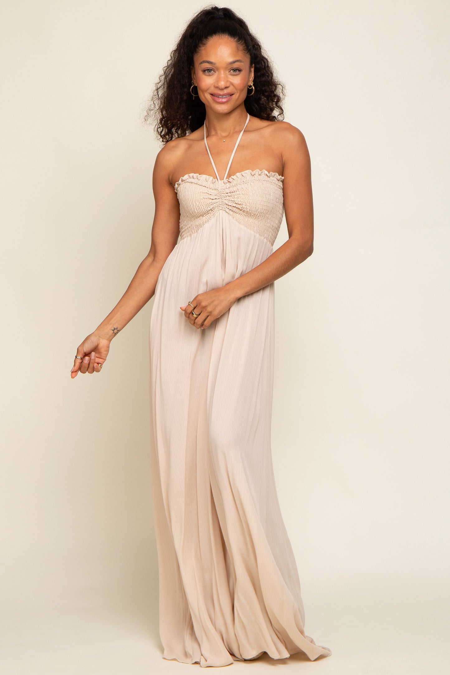 Beige Smocked Halter Maxi Dress