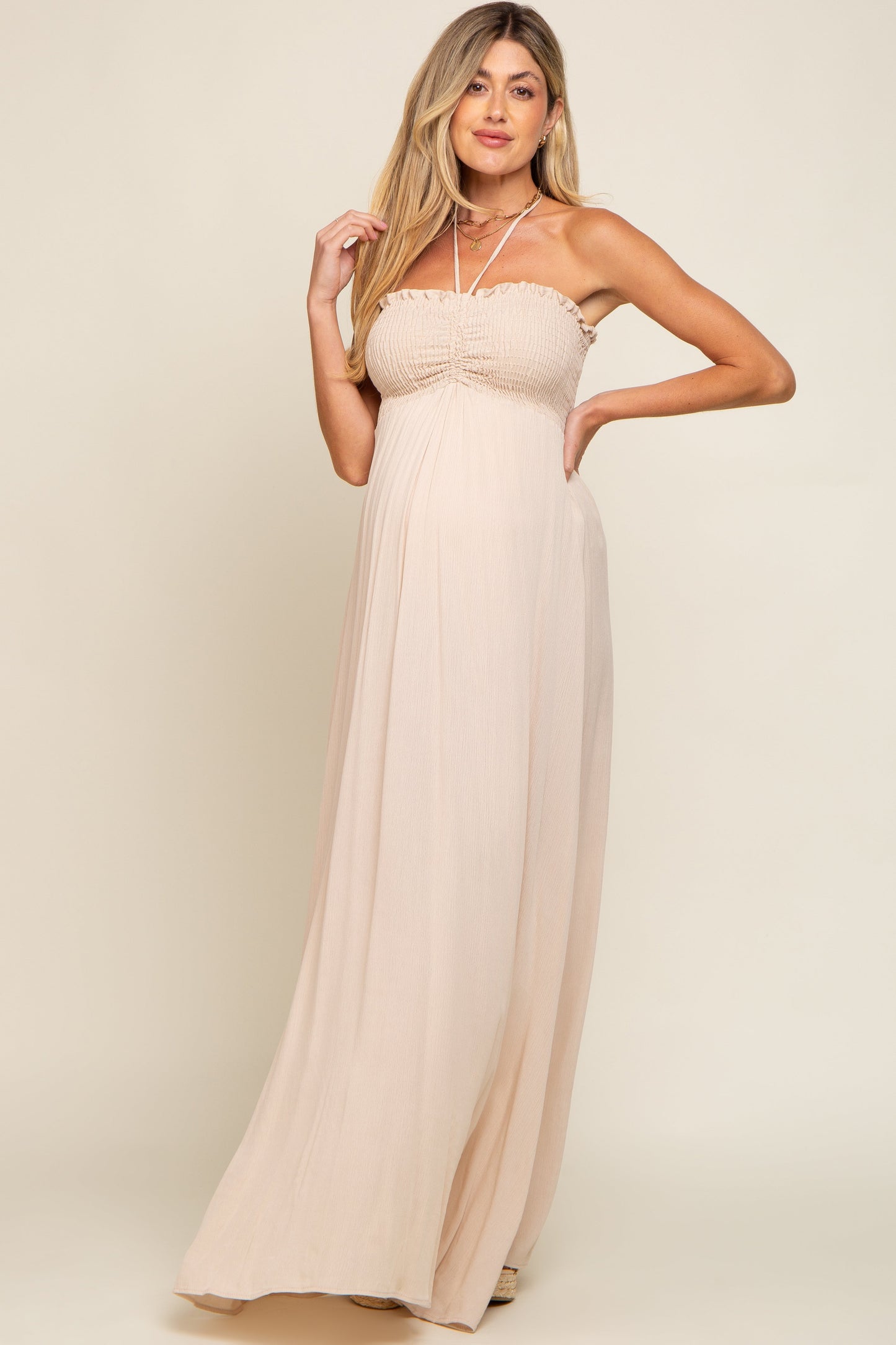 Beige Smocked Halter Maternity Maxi Dress