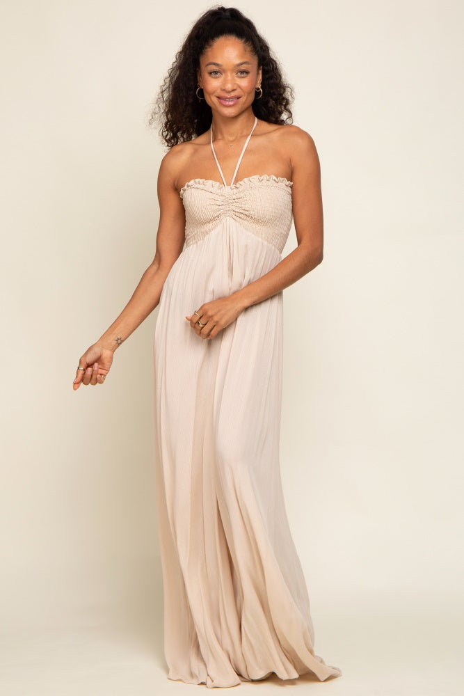 Beige Smocked Halter Maxi Dress