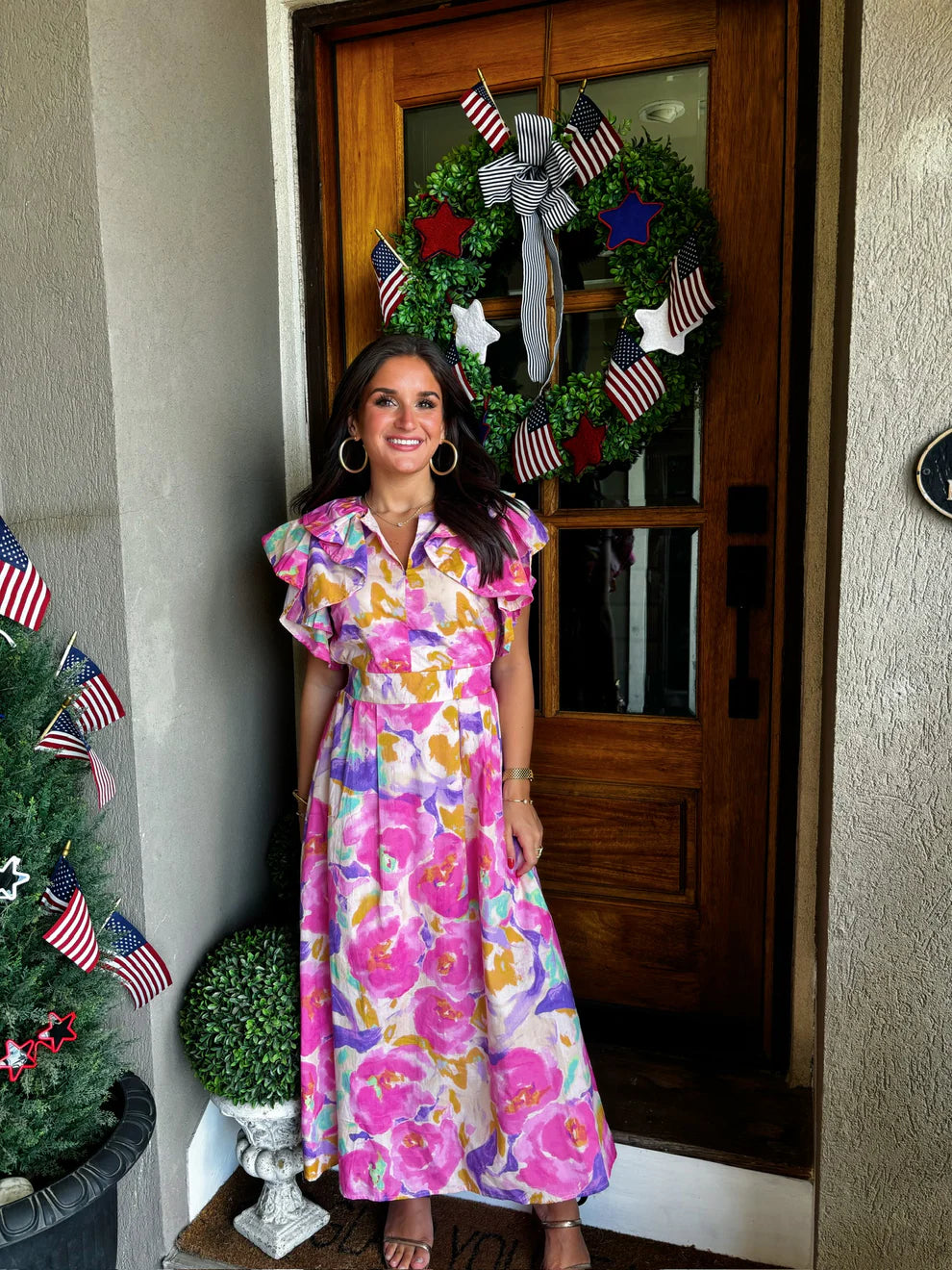 Umgee Floral Maxi Dress – Ruffle Sleeve Watercolor Print (Size Large)