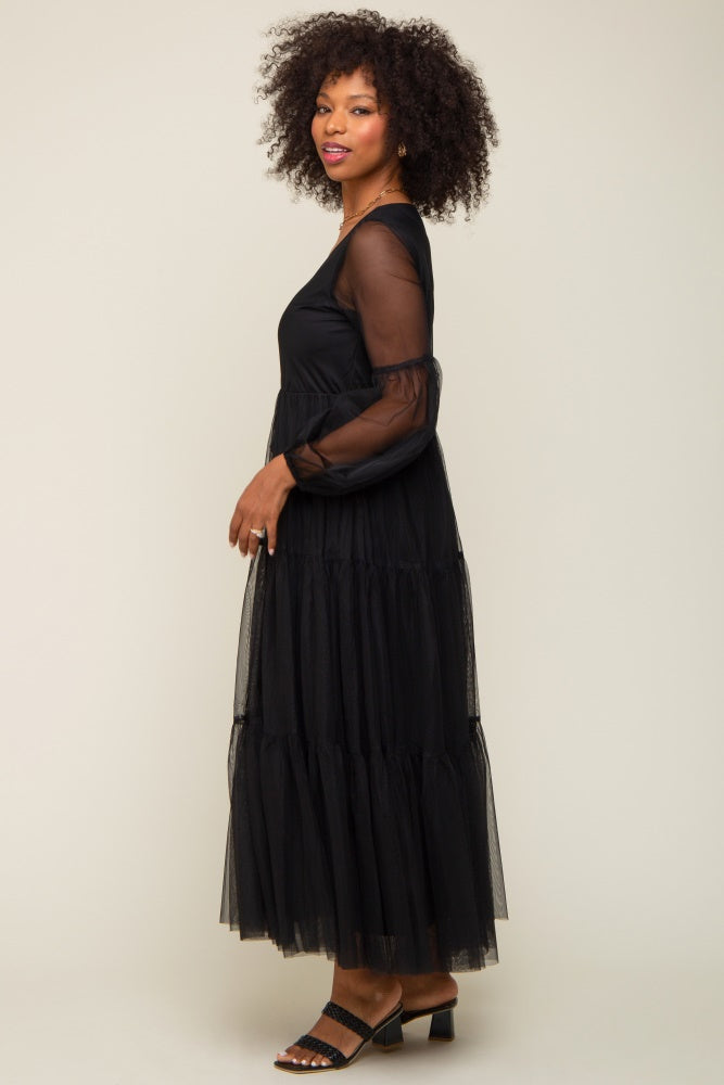 Black Mesh Overlay Tiered Maxi Dress Small Black Mesh Overlay Tiered Maxi Dress Small