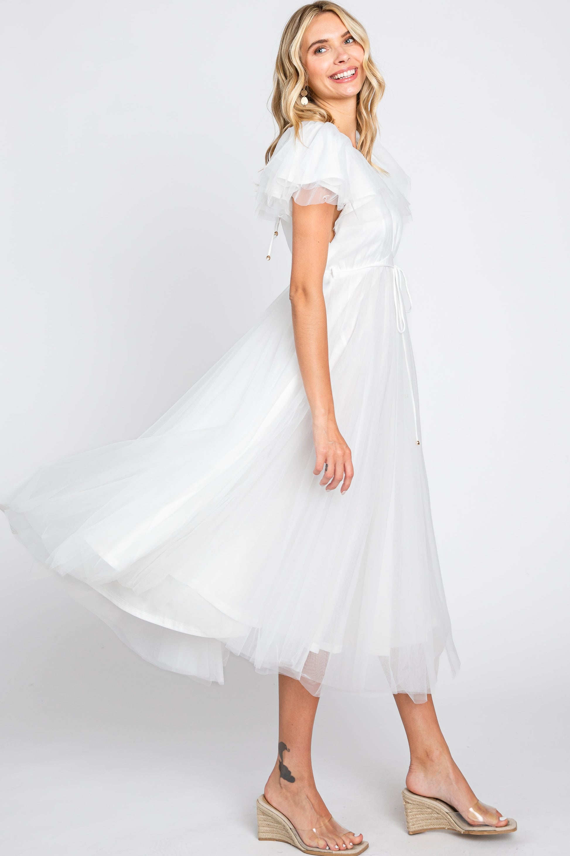 White Tulle V-Neck Flutter Sleeve Midi Dress The Prissy Pelican White Tulle V-Neck Flutter Sleeve Midi Dress The Prissy Pelican